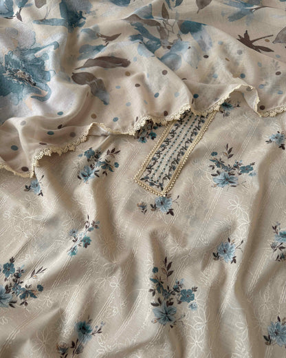 Premium Malai Chanderi Embroidered Unstitched Suit Set with Lace Work