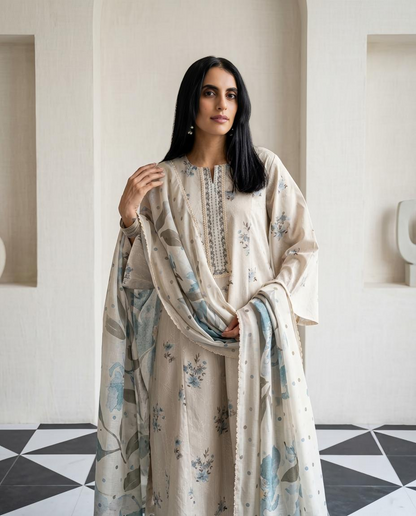 Premium Malai Chanderi Embroidered Unstitched Suit Set with Lace Work