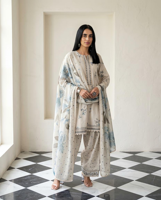 Premium Malai Chanderi Embroidered Unstitched Suit Set with Lace Work