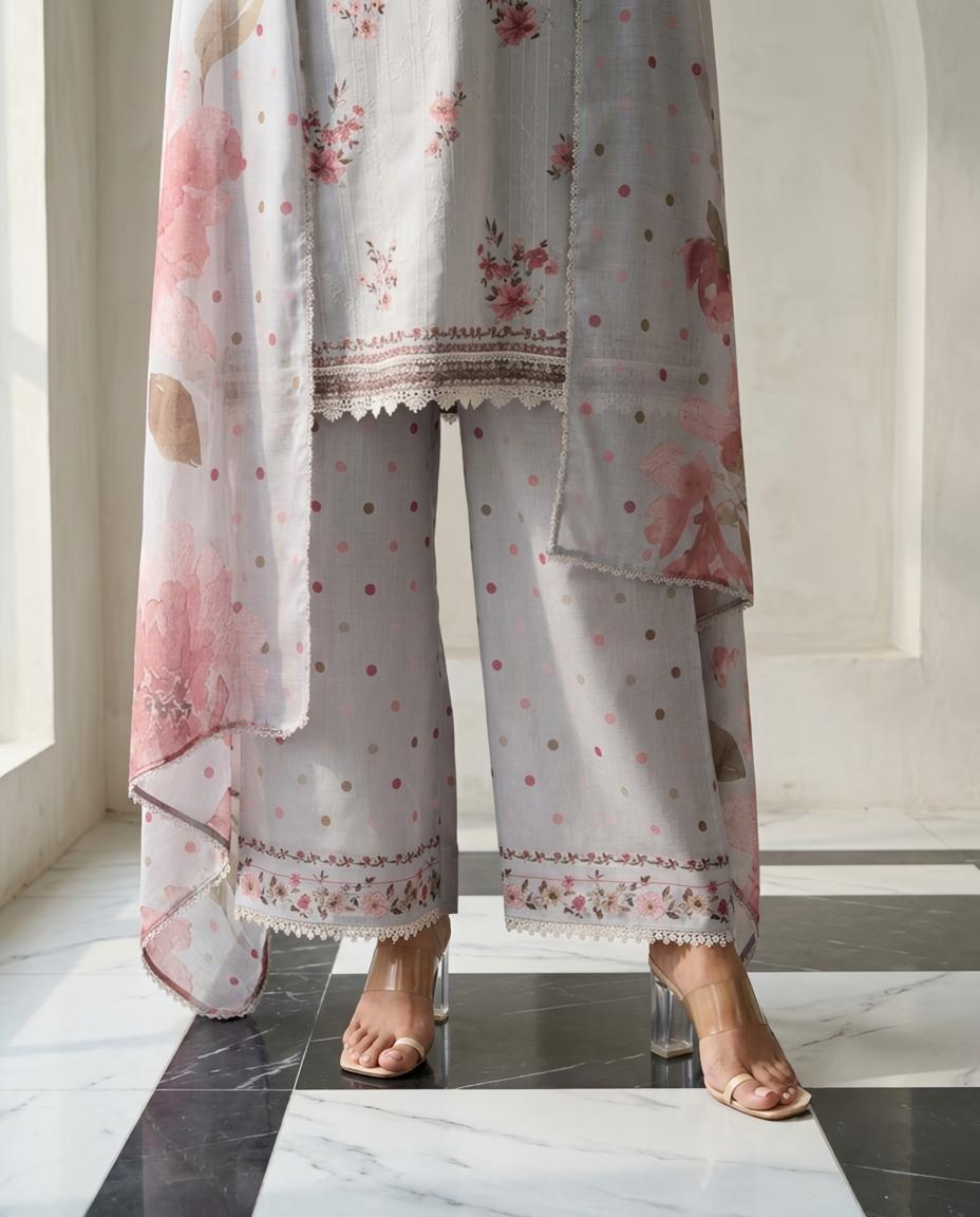 Premium Malai Chanderi Embroidered Unstitched Suit Set with Lace Work