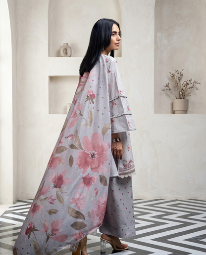 Premium Malai Chanderi Embroidered Unstitched Suit Set with Lace Work