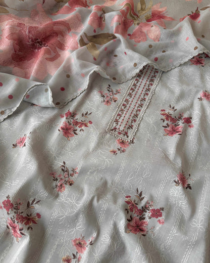 Premium Malai Chanderi Embroidered Unstitched Suit Set with Lace Work