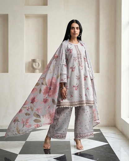 Premium Malai Chanderi Embroidered Unstitched Suit Set with Lace Work