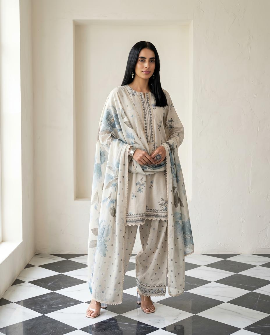 Premium Malai Chanderi Embroidered Unstitched Suit Set with Lace Work