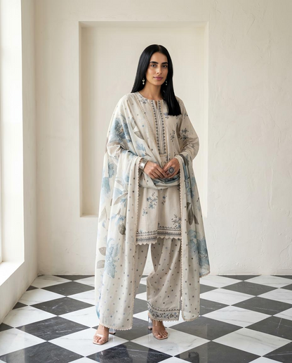 Premium Malai Chanderi Embroidered Unstitched Suit Set with Lace Work