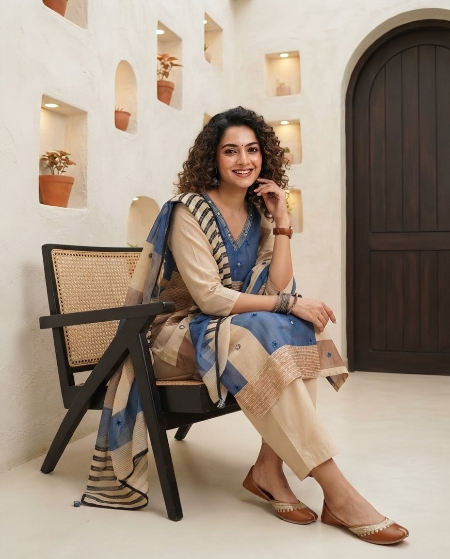 Chanderi Silk Mirror Work & Kantha Embroidery Unstitched Suit Set