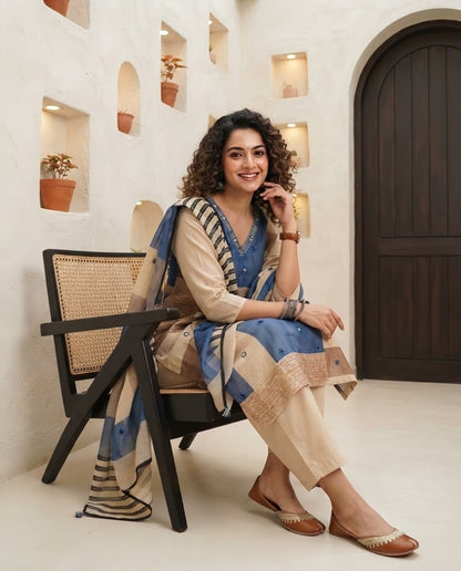 Chanderi Silk Mirror Work & Kantha Embroidery Unstitched Suit Set
