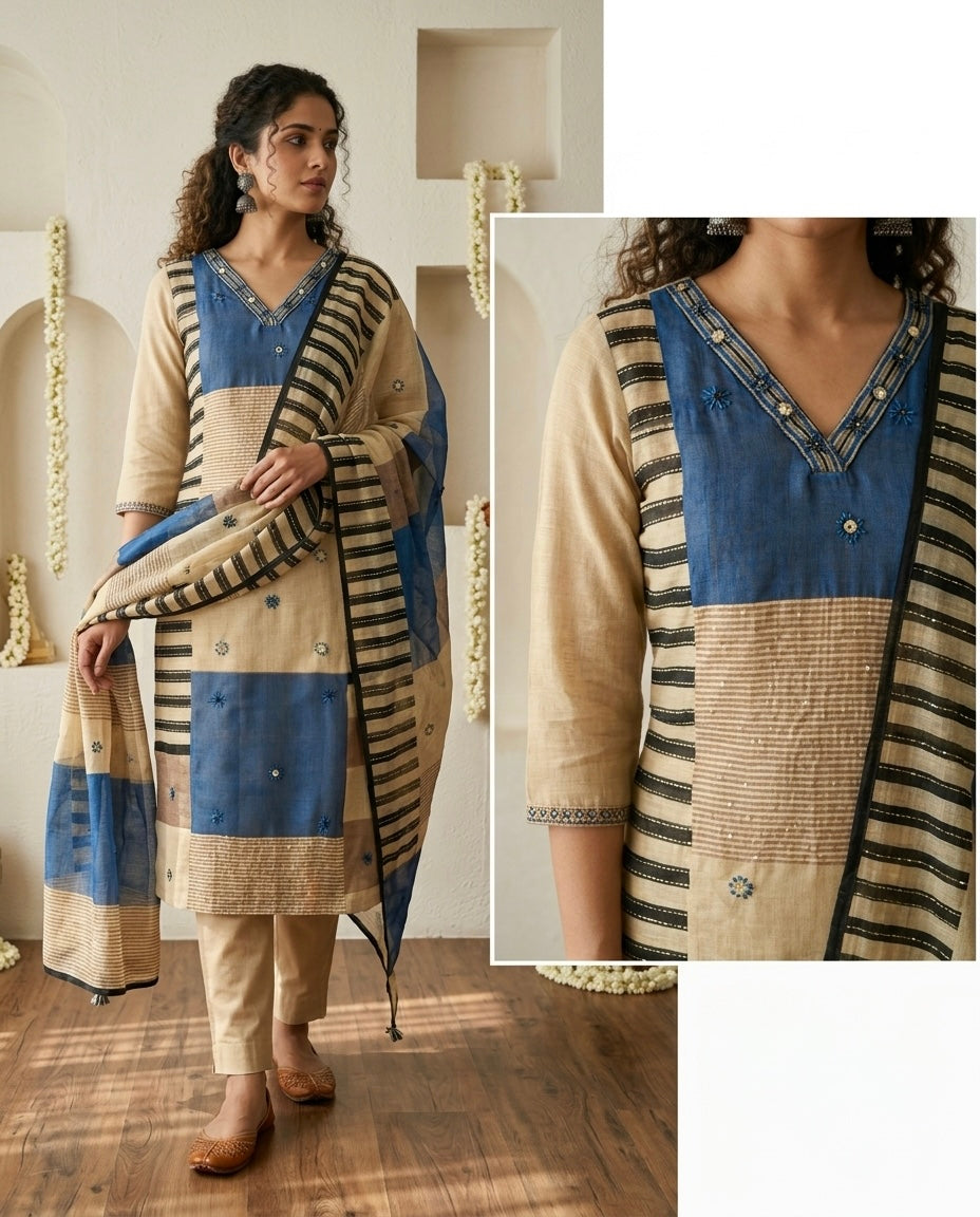 Chanderi Silk Mirror Work & Kantha Embroidery Unstitched Suit Set