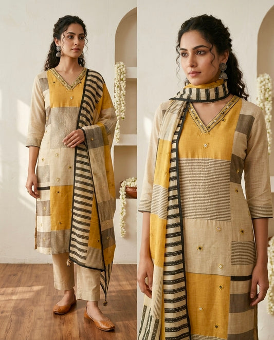 Chanderi Silk Mirror Work & Kantha Embroidery Unstitched Suit Set