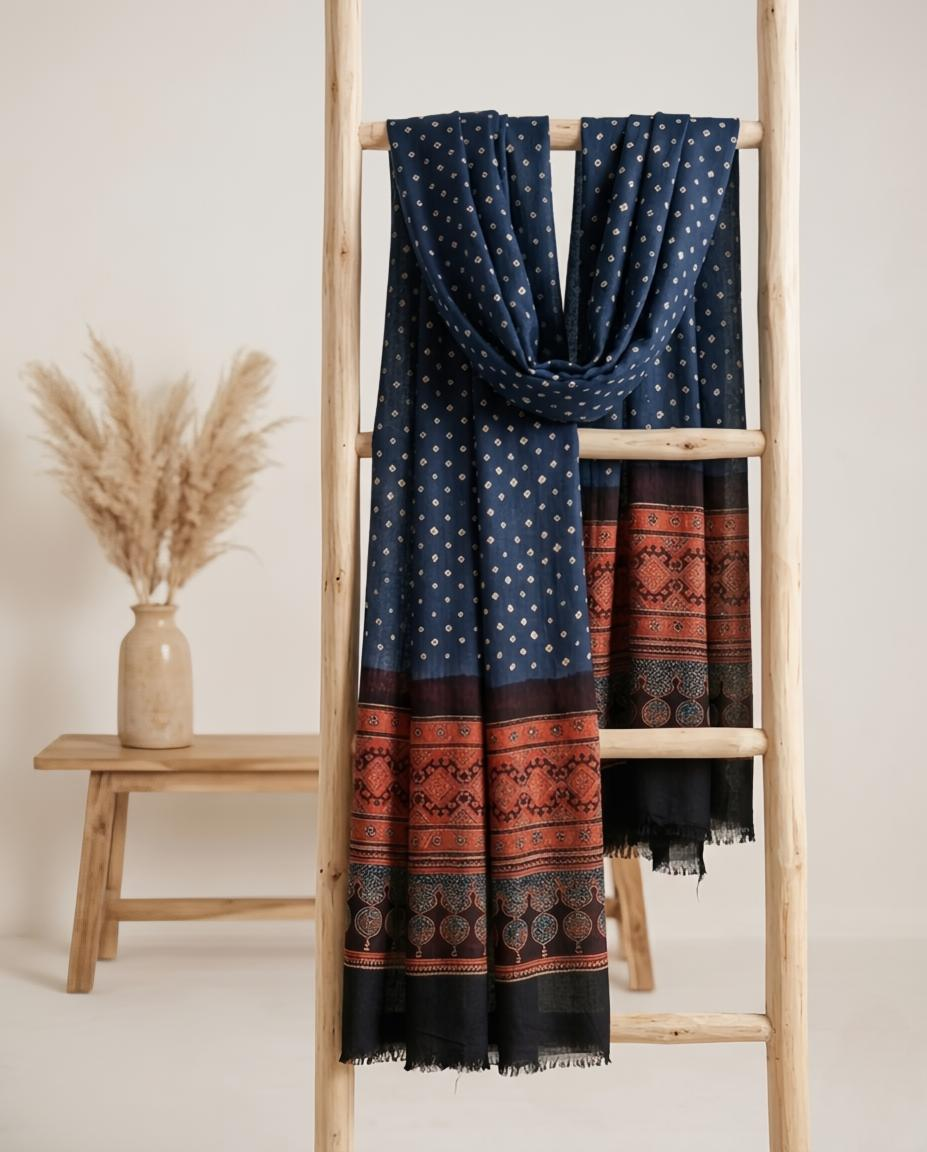 Premium Modal Silk Ajrakh Bandhej Dupatta – Handcrafted Artisanal Dupatta