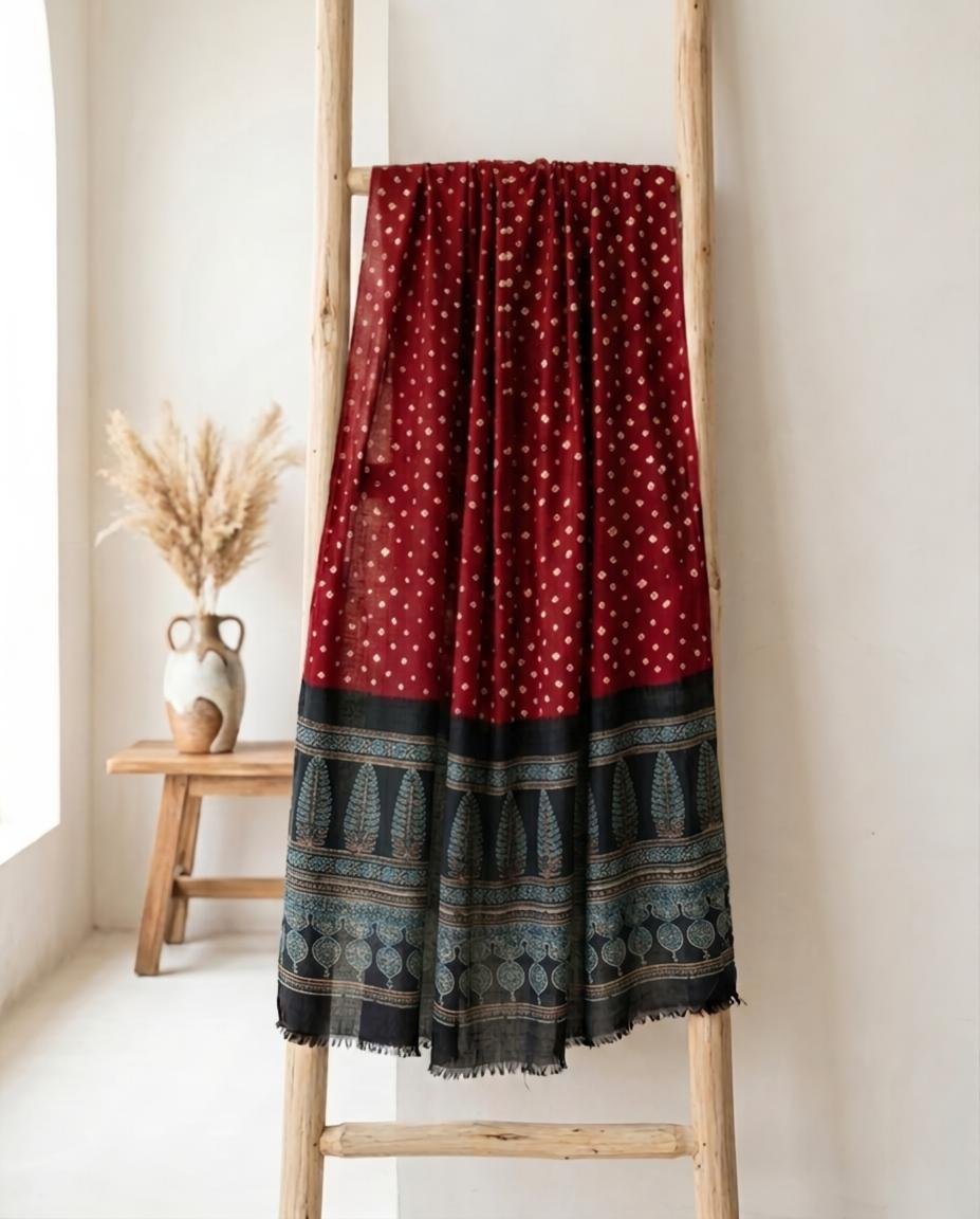 Premium Modal Silk Ajrakh Bandhej Dupatta – Handcrafted Artisanal Dupatta