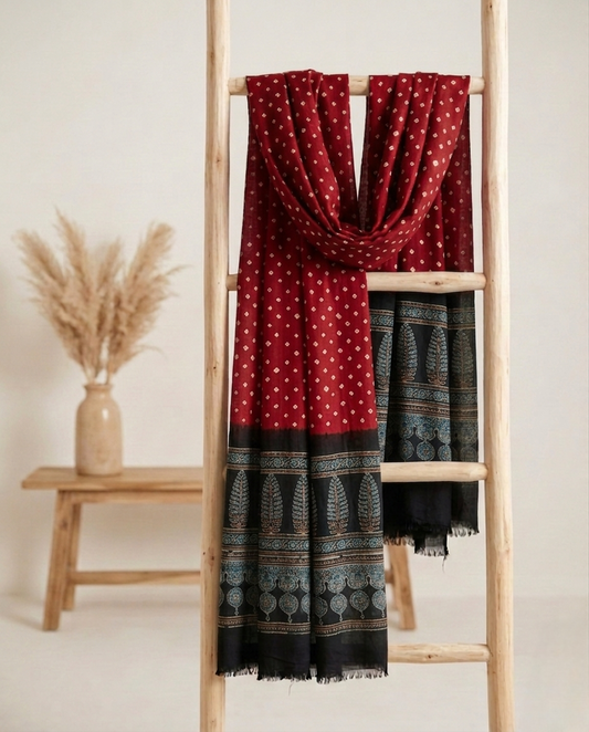 Premium Modal Silk Ajrakh Bandhej Dupatta – Handcrafted Artisanal Dupatta