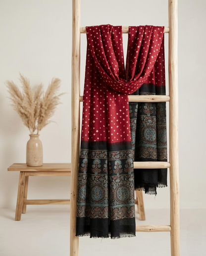 Premium Modal Silk Ajrakh Bandhej Dupatta – Handcrafted Artisanal Dupatta
