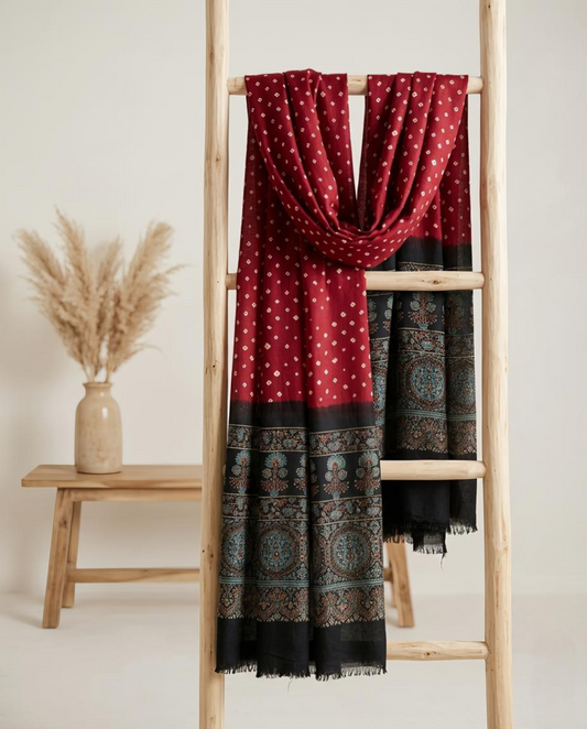 Premium Modal Silk Ajrakh Bandhej Dupatta – Handcrafted Artisanal Dupatta