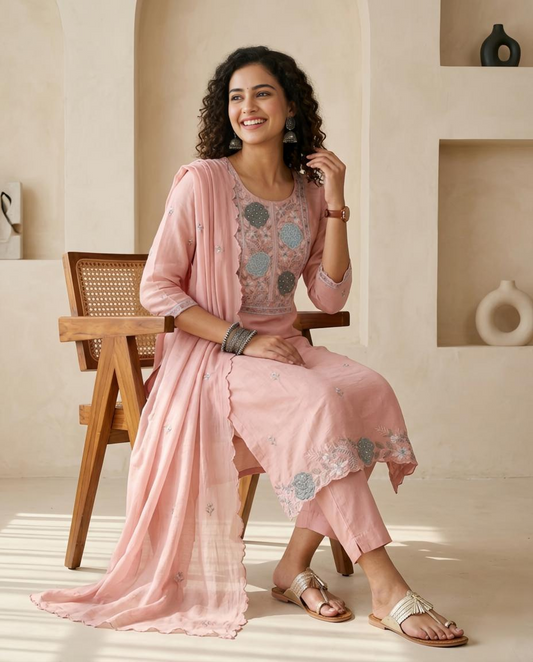 Mul Chanderi Applique and Zari Work Unstitched Suit Set