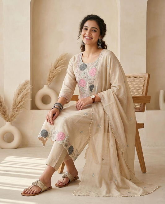 Mul Chanderi Applique and Zari Work Unstitched Suit Set
