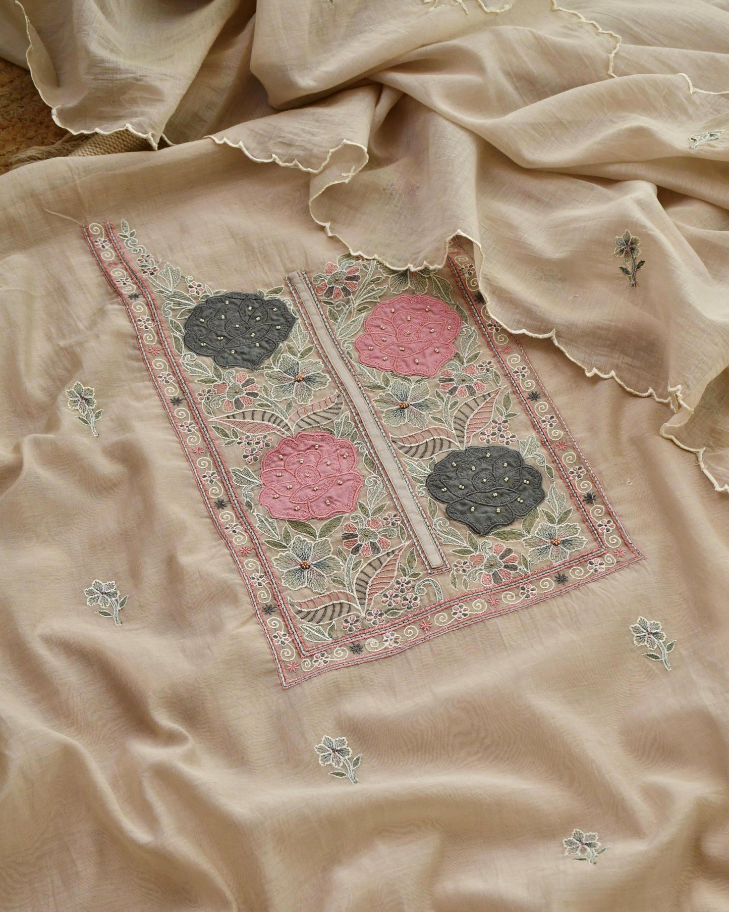 Mul Chanderi Applique and Zari Work Unstitched Suit Set