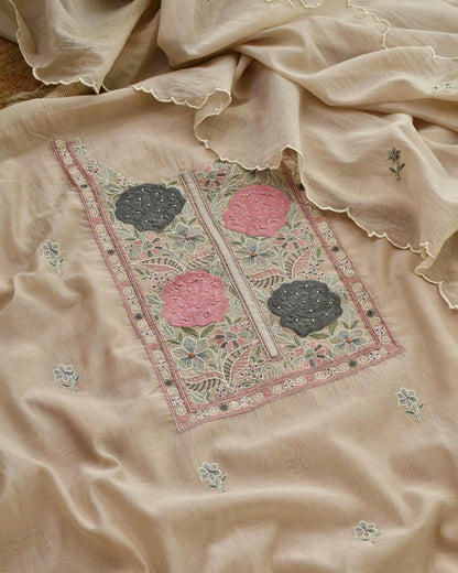 Mul Chanderi Applique and Zari Work Unstitched Suit Set