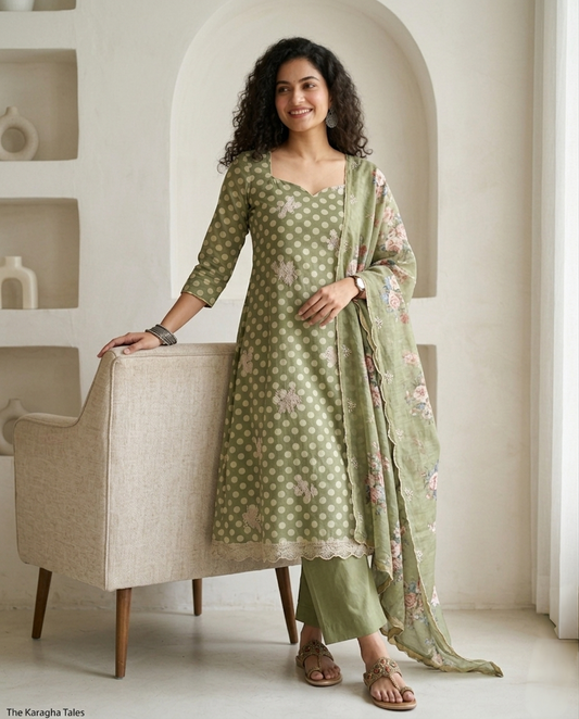 Sage Green Maheshwari Silk Embroidered Unstitched Suit Set with Floral Dupatta