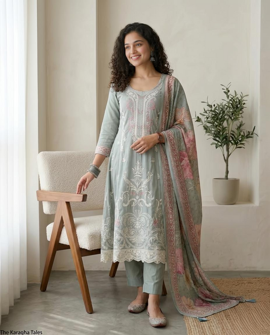 Sage Grey Mul Chanderi Embroidered Unstitched Suit Set with Floral Dupatta