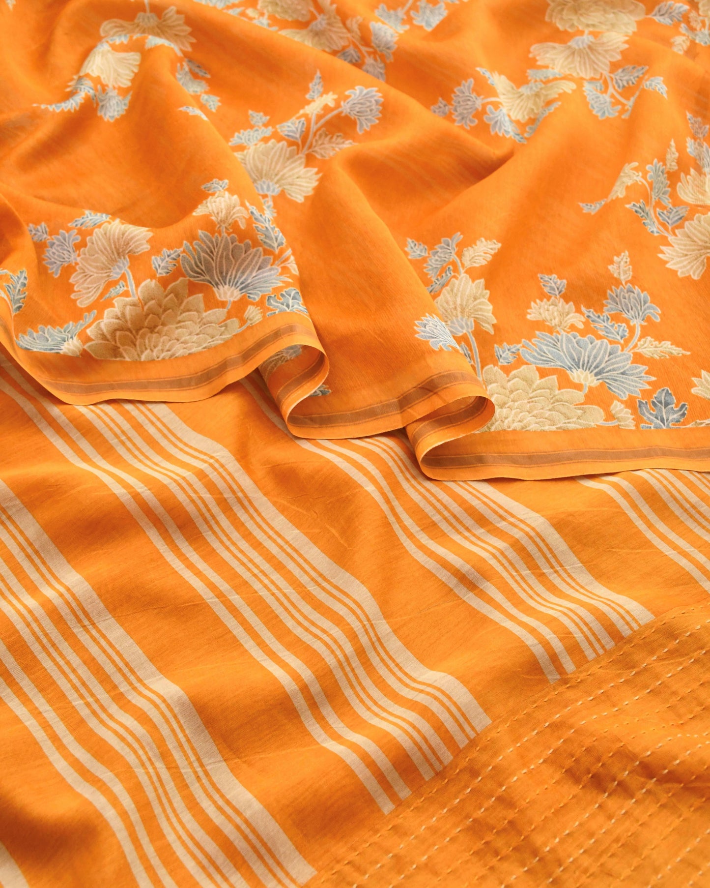 Premium Maheshwari Silk Unstitched Suit Set with Kantha Work Ghera & Floral Dupatta