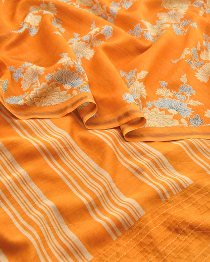 Premium Maheshwari Silk Unstitched Suit Set with Kantha Work Ghera & Floral Dupatta