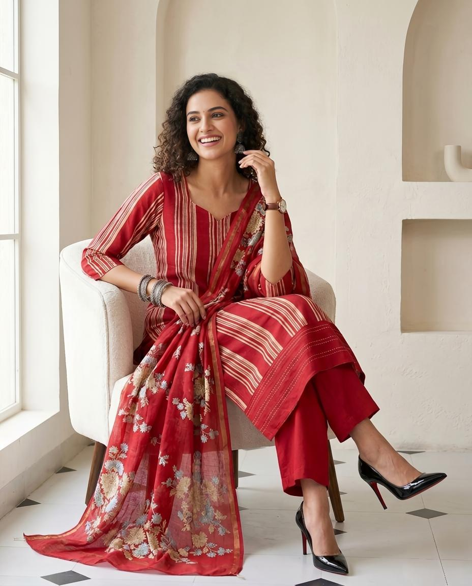 Premium Maheshwari Silk Unstitched Suit Set with Kantha Work Ghera & Floral Dupatta