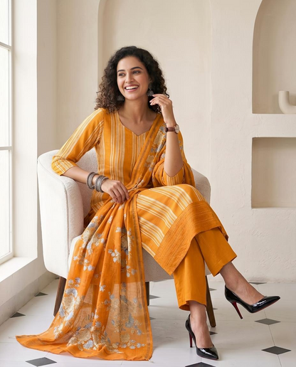Premium Maheshwari Silk Unstitched Suit Set with Kantha Work Ghera & Floral Dupatta