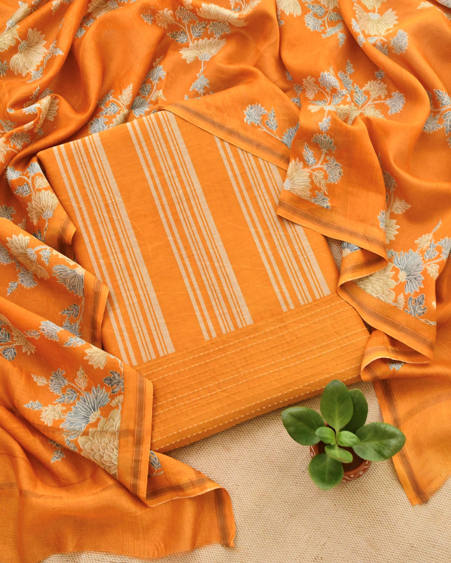 Premium Maheshwari Silk Unstitched Suit Set with Kantha Work Ghera & Floral Dupatta