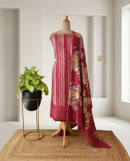 Premium Maheshwari Silk Unstitched Suit Set with Kantha Work Ghera & Floral Dupatta