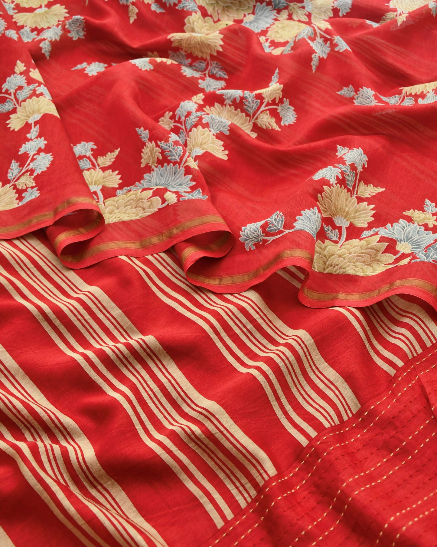 Premium Maheshwari Silk Unstitched Suit Set with Kantha Work Ghera & Floral Dupatta