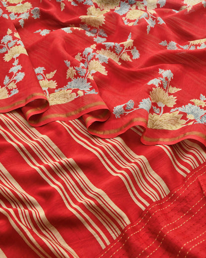 Premium Maheshwari Silk Unstitched Suit Set with Kantha Work Ghera & Floral Dupatta