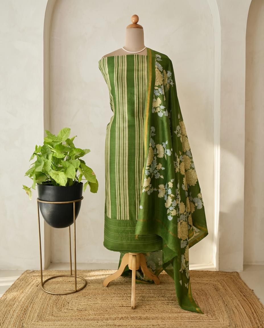 Premium Maheshwari Silk Unstitched Suit Set with Kantha Work Ghera & Floral Dupatta