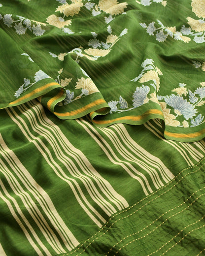 Premium Maheshwari Silk Unstitched Suit Set with Kantha Work Ghera & Floral Dupatta