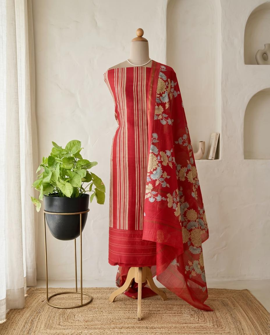 Premium Maheshwari Silk Unstitched Suit Set with Kantha Work Ghera & Floral Dupatta