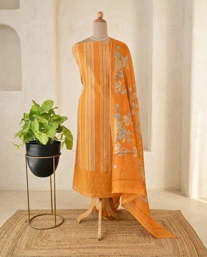Premium Maheshwari Silk Unstitched Suit Set with Kantha Work Ghera & Floral Dupatta