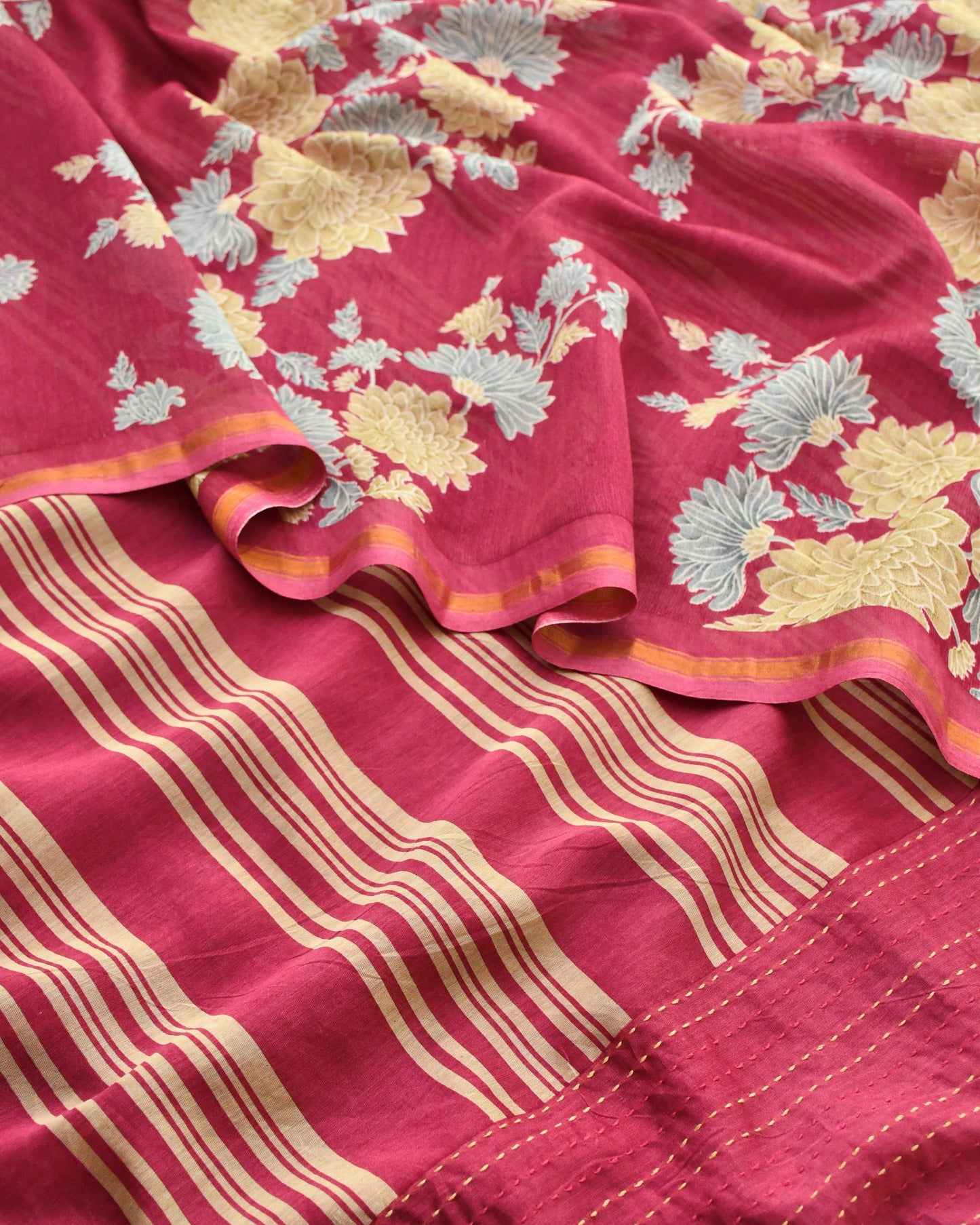 Premium Maheshwari Silk Unstitched Suit Set with Kantha Work Ghera & Floral Dupatta