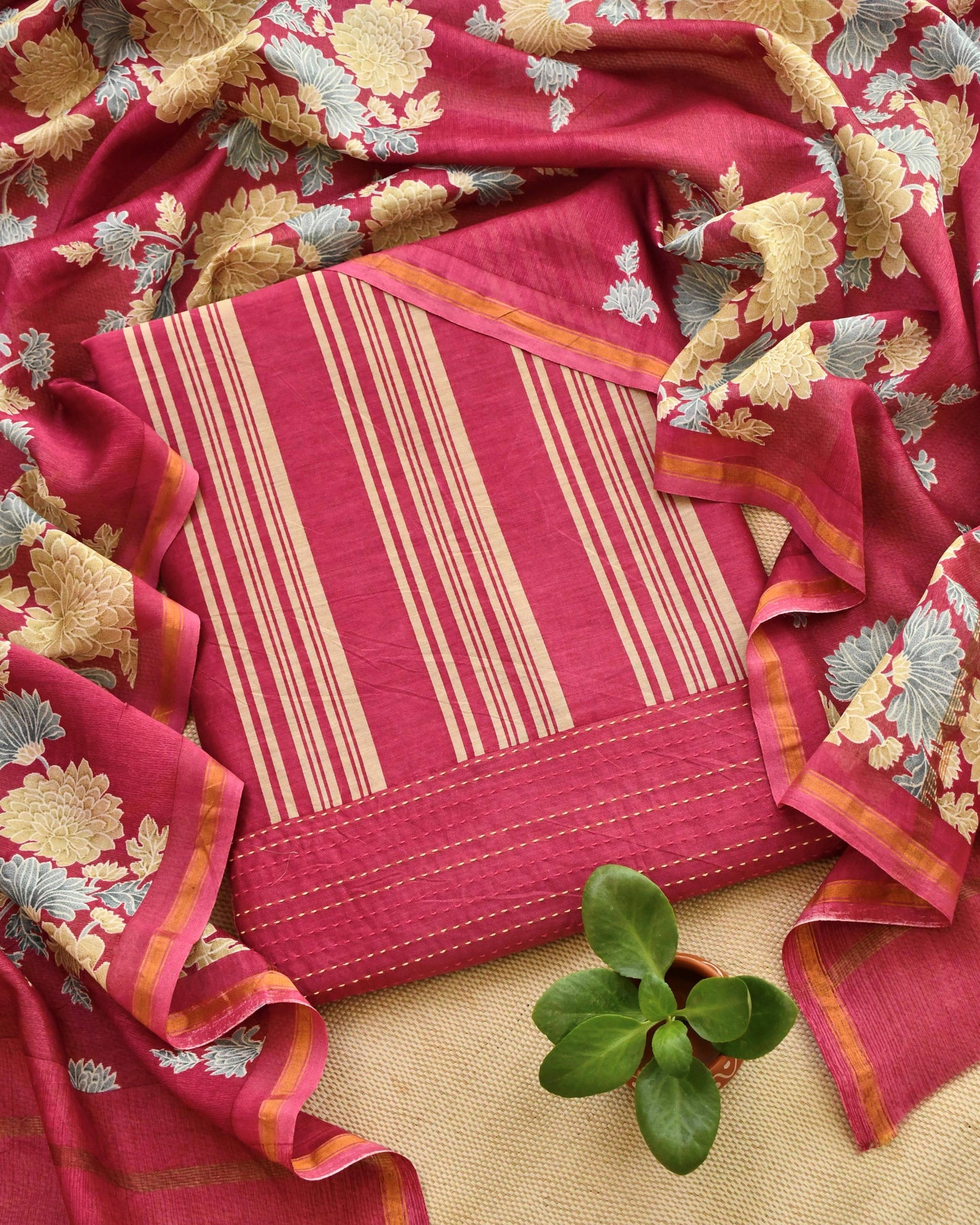 Premium Maheshwari Silk Unstitched Suit Set with Kantha Work Ghera & Floral Dupatta