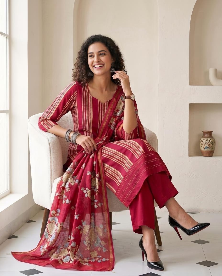 Premium Maheshwari Silk Unstitched Suit Set with Kantha Work Ghera & Floral Dupatta