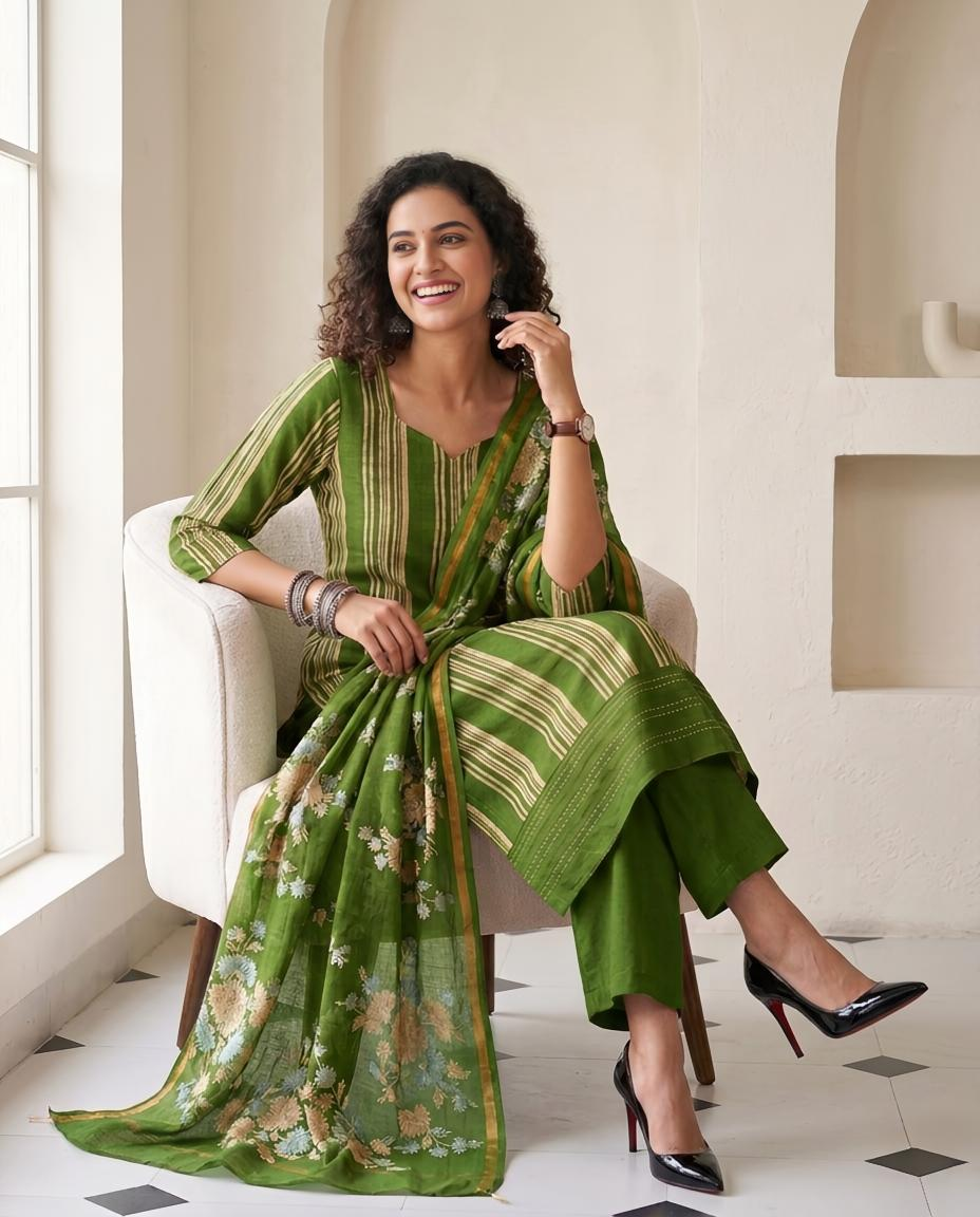 Premium Maheshwari Silk Unstitched Suit Set with Kantha Work Ghera & Floral Dupatta