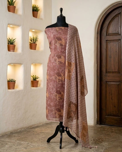 Banarasi Mul Chanderi Unstitched Suit Set with Fine Aari Embroidery & Polka Dupatta