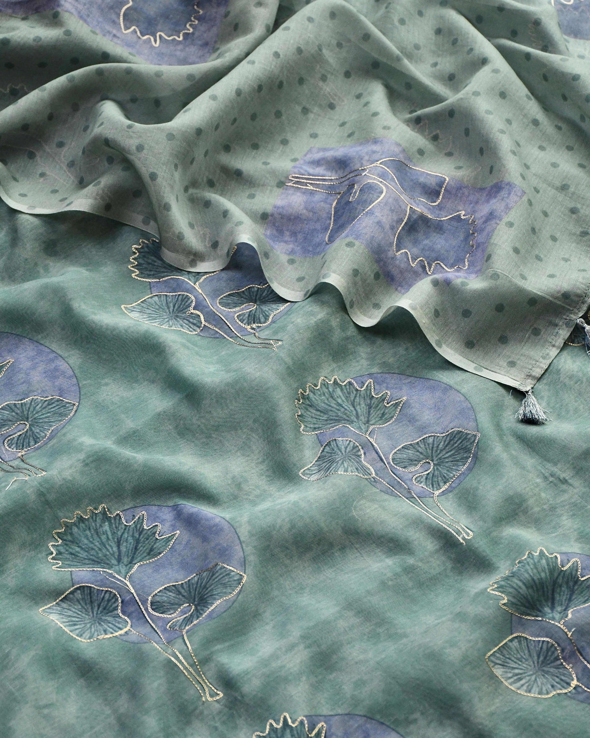 Banarasi Mul Chanderi Unstitched Suit Set with Fine Aari Embroidery & Polka Dupatta