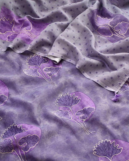 Banarasi Mul Chanderi Unstitched Suit Set with Fine Aari Embroidery & Polka Dupatta