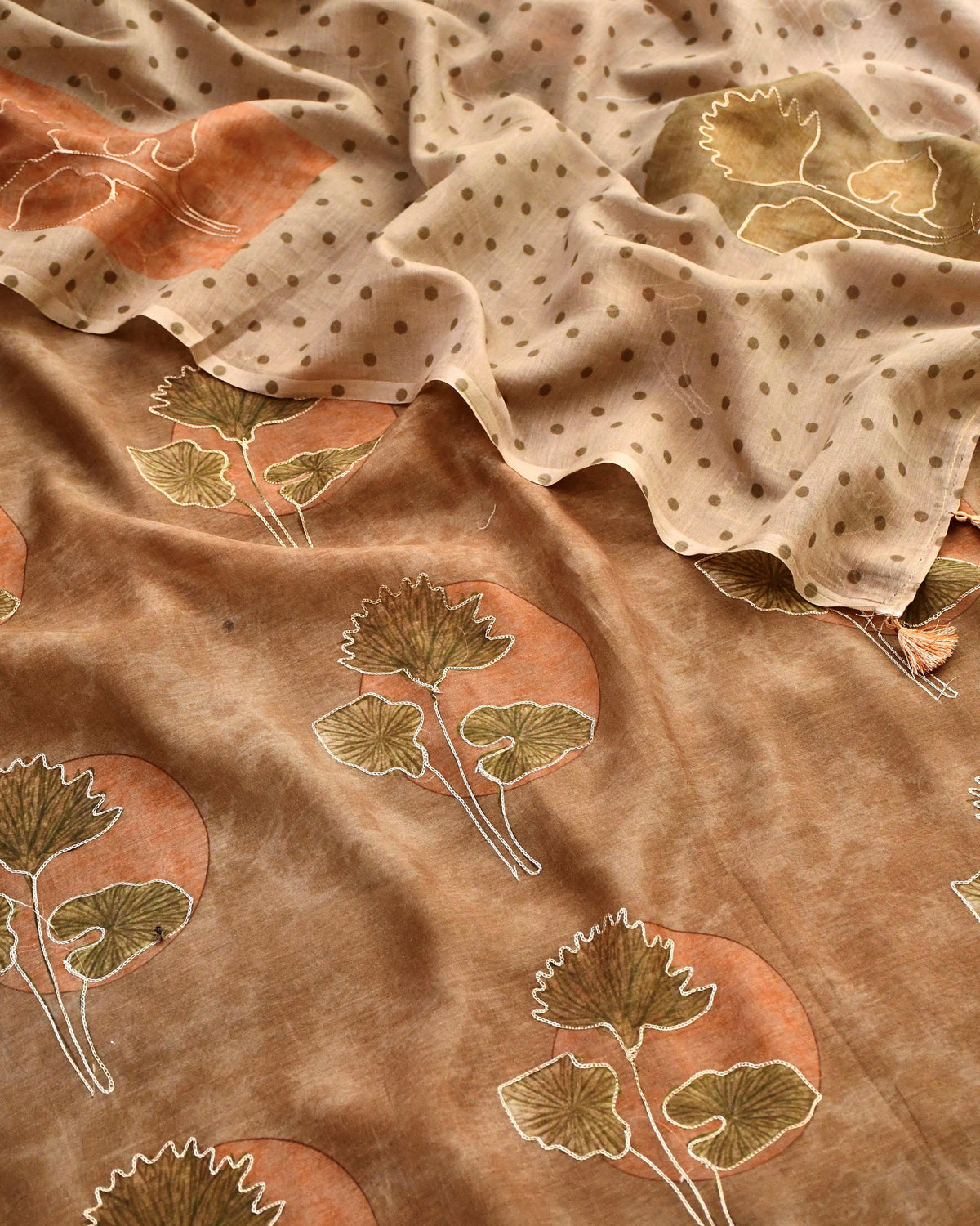 Banarasi Mul Chanderi Unstitched Suit Set with Fine Aari Embroidery & Polka Dupatta