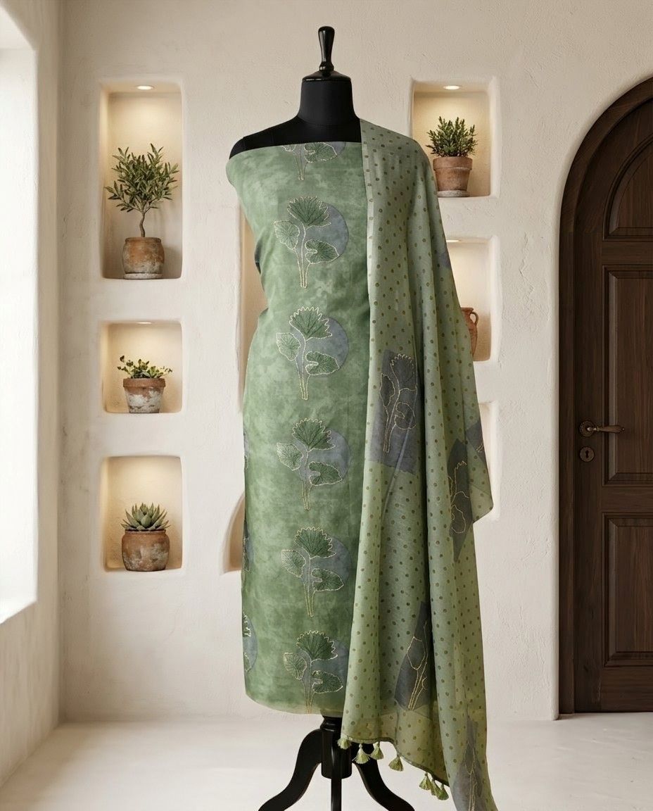 Banarasi Mul Chanderi Unstitched Suit Set with Fine Aari Embroidery & Polka Dupatta