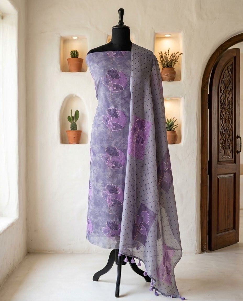 Banarasi Mul Chanderi Unstitched Suit Set with Fine Aari Embroidery & Polka Dupatta