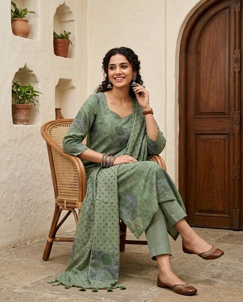 Banarasi Mul Chanderi Unstitched Suit Set with Fine Aari Embroidery & Polka Dupatta