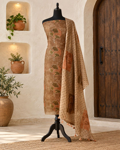 Banarasi Mul Chanderi Unstitched Suit Set with Fine Aari Embroidery & Polka Dupatta