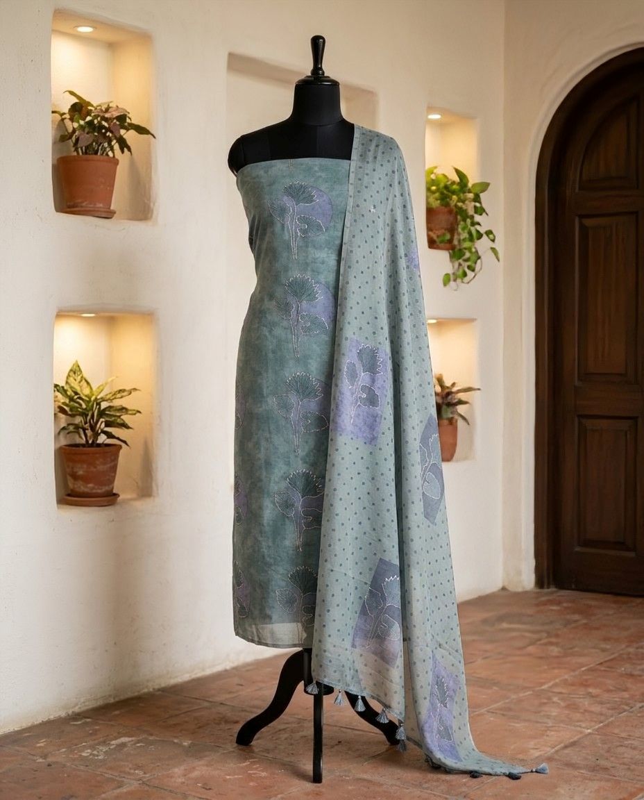 Banarasi Mul Chanderi Unstitched Suit Set with Fine Aari Embroidery & Polka Dupatta