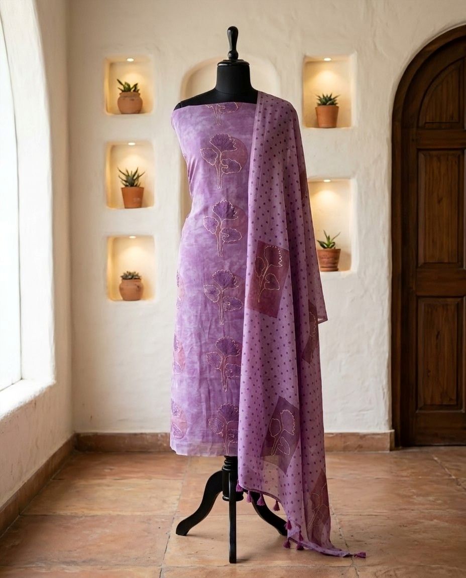 Banarasi Mul Chanderi Unstitched Suit Set with Fine Aari Embroidery & Polka Dupatta